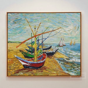 Fishing Boats On The Beach, 1888 Painting by Vincent van Gogh 100% Hand Painted Oil Painting on Canvas, Van Gogh Wall Art, Masterpiece Art