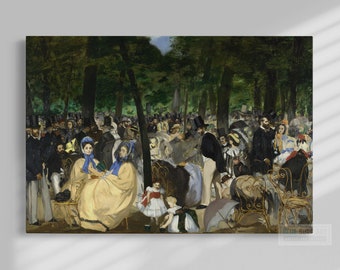 May include: A painting depicting a large group of people gathered in a park setting. The scene is filled with vibrant colors, including shades of green, blue, and yellow. The people are dressed in fashionable attire, and some are seated on chairs while others stand and chat. The painting captures a moment of social interaction and leisure in a public space.
