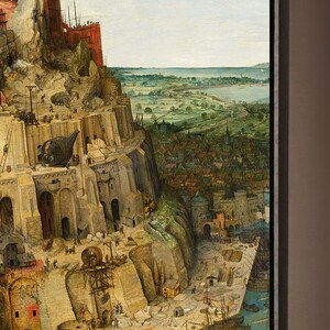 May include: A detail from a Renaissance painting depicting the construction of a large, multi-tiered tower. The scene is filled with figures, buildings, and machinery, with a city and water in the background. The color palette is dominated by earth tones.