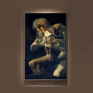 Puede incluir: Una pintura oscura y dramática de una figura grande y grotesca con una larga barba, sosteniendo una pequeña figura desnuda en su boca. La pintura está sobre un fondo oscuro y está pintada en un estilo realista.