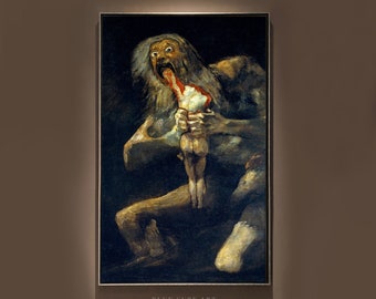 May include: A dark, dramatic painting of a large, grotesque figure with a long beard, holding a small, nude figure in its mouth. The painting is set against a dark background and is painted in a realistic style.