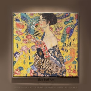 Hand-Painted Klimt Lady with Fan Oil Painting: Art Nouveau Reproduction