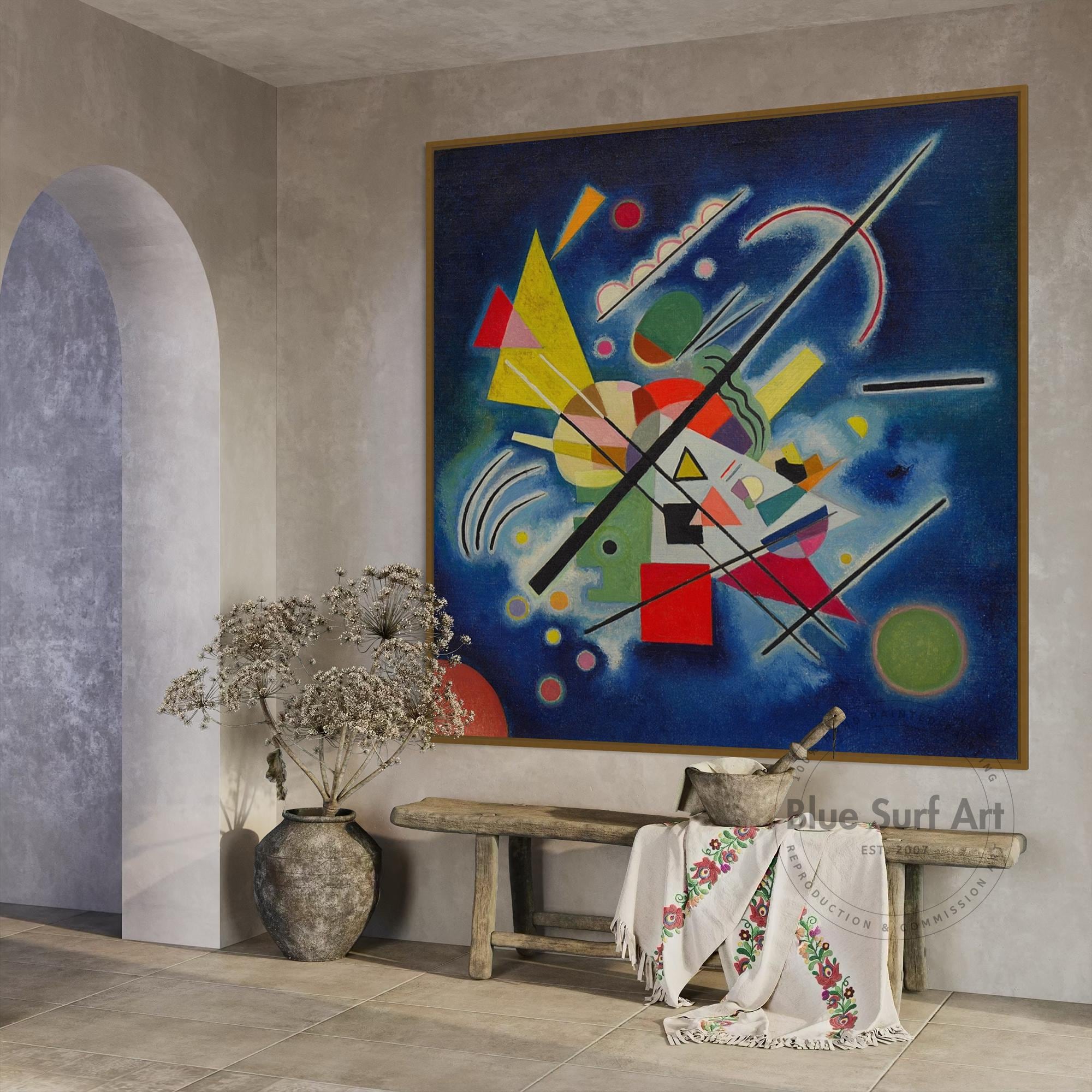 カンディンスキーの青の絵画の複製：手描きの抽象的なバウハウスアート