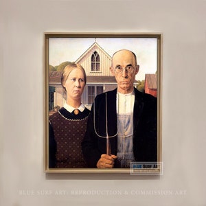 Hand Painted &#39;American Gothic&#39; Oil Painting Reproduction on Canvas