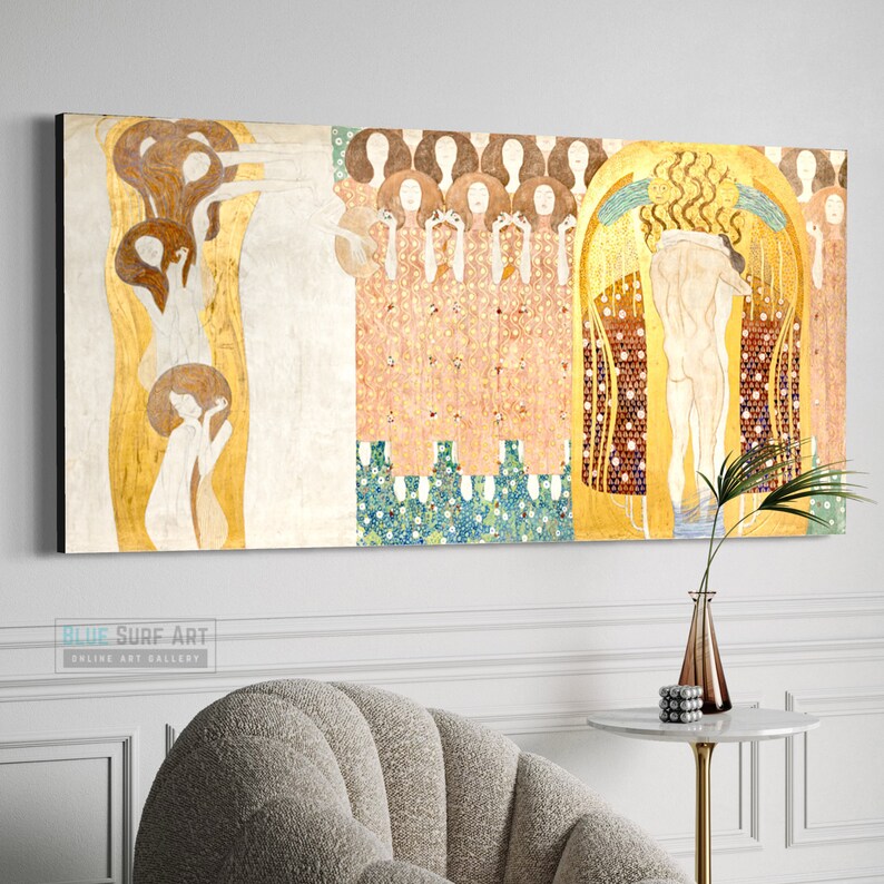 Gustav Klimt Hand-Painted Masterpiece Reproduction Oil Painting of The Beethoven Frieze The Hostile Powers Customisable Canvas Sizes Gold Textured Art - Blue Surf Art .com