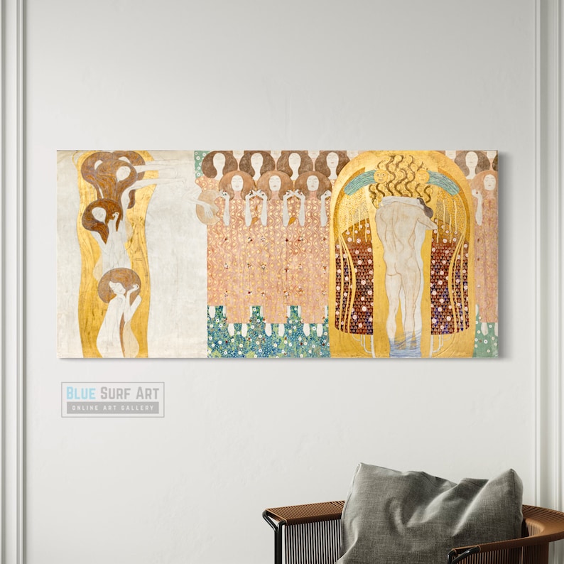 Gustav Klimt Hand-Painted Masterpiece Reproduction Oil Painting of The Beethoven Frieze The Hostile Powers Customisable Canvas Sizes Gold Textured Art - Blue Surf Art .com