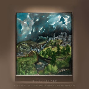 View of Toledo El Greco Reproduction Canvas Art El Greco Living Room Wall Art Landscape Hand Painted Oil Canvas Green Mountain Painting Art