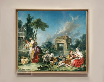 フランソワ・ブーシェ - 鳥捕り 1748年 美術館品質のロールド油絵複製
