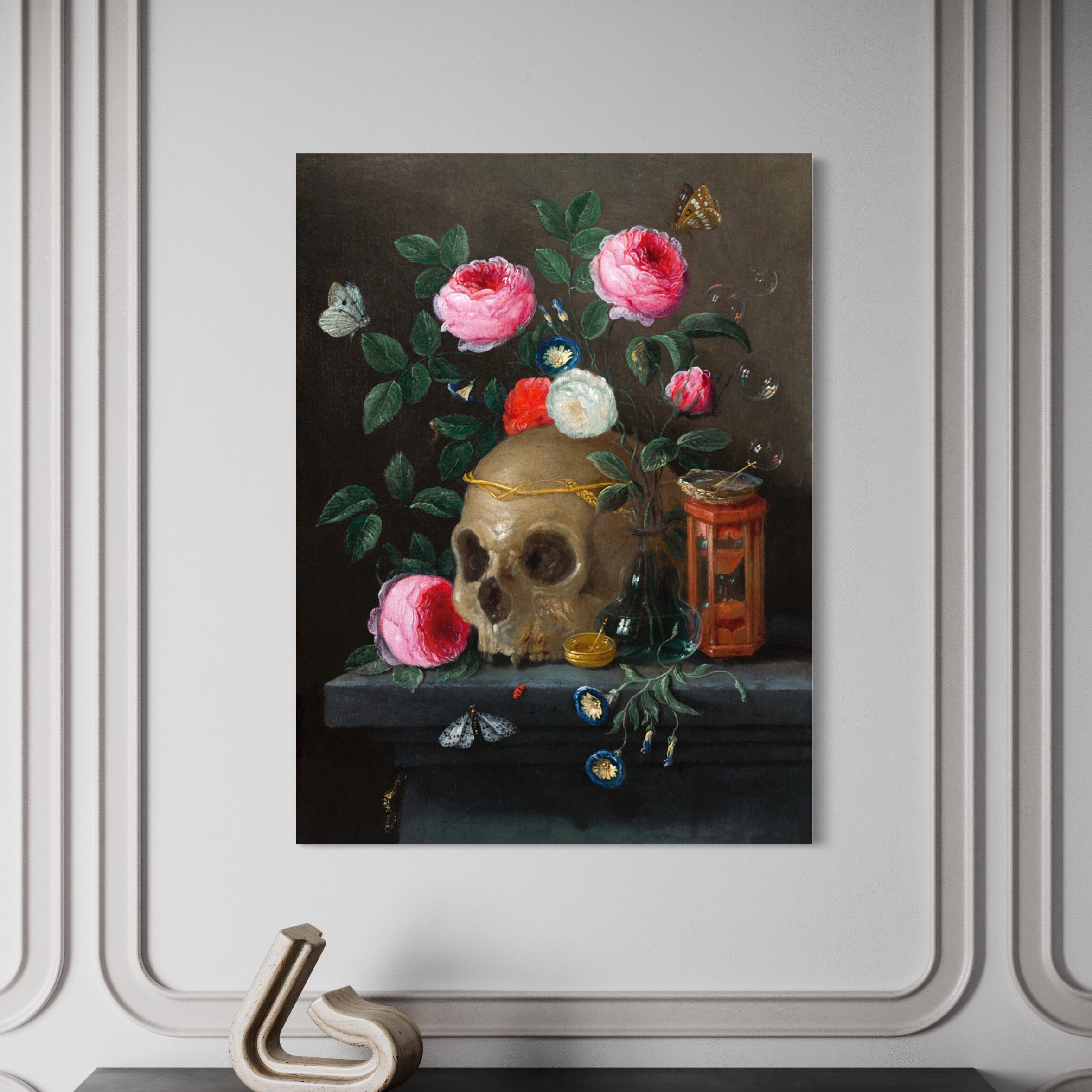 手描きのヴァニタス油絵：頭蓋骨と花の静物画 - Etsy 日本