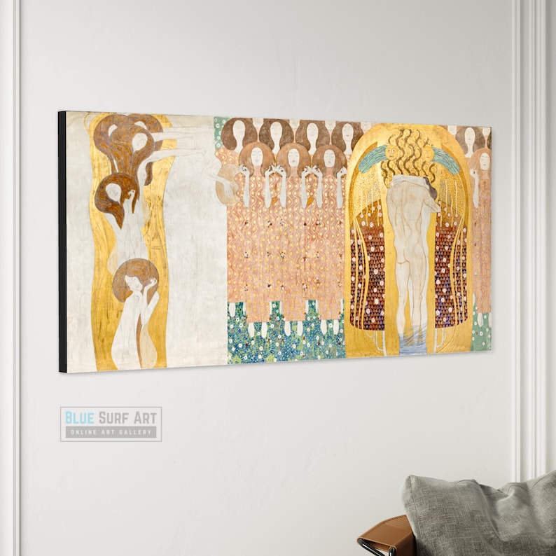 Gustav Klimt Hand-Painted Masterpiece Reproduction Oil Painting of The Beethoven Frieze The Hostile Powers Customisable Canvas Sizes Gold Textured Art - Blue Surf Art .com