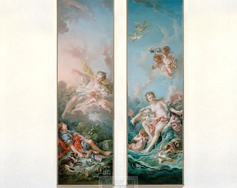 May include: Two vertical paintings depicting scenes from Greek mythology. The left painting shows a woman in a flowing white dress with a cherub in her arms, surrounded by clouds. The right painting shows a woman in a pink dress standing on a wave with a cherub at her feet. Both paintings have a blue sky background with white clouds.
