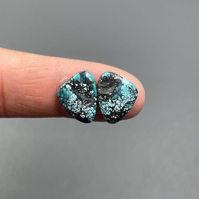 May include: Two turquoise-colored, polished gemstones with black matrix patterns and white speckles. The stones are held between two fingers, showcasing their unique color and texture. The gemstones are likely for jewelry making.