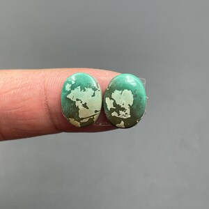 May include: Two oval-shaped turquoise gemstones with a mottled pattern of green and tan hues. The stones are held between fingers, showcasing their natural color variations and unique textures. Ideal for jewelry making.