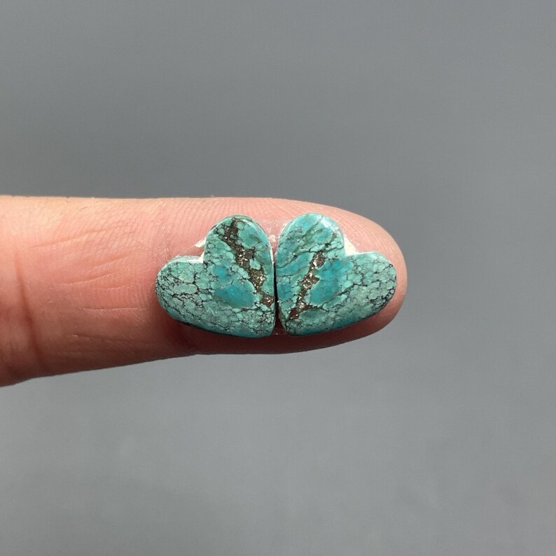 May include: Two heart-shaped turquoise stones with dark veining. The stones are held between fingers against a gray background. The turquoise has a mottled appearance, with shades of blue and green.