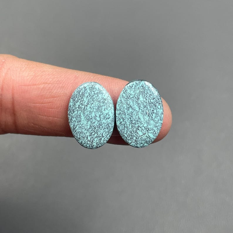 May include: Two oval-shaped turquoise earrings with a textured, crackled pattern. The earrings are held between fingers against a gray background. The earrings are a light blue color with dark blue veining.