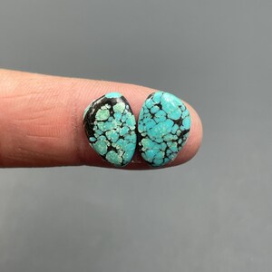 May include: Two turquoise gemstones with a speckled pattern and dark matrix. The stones are oval-shaped and have a polished surface. The turquoise color is a vibrant blue-green, and the matrix is black. These stones are likely used for jewelry making.