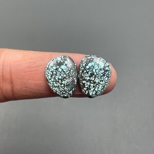 May include: Two oval-shaped turquoise gemstones with a speckled pattern of light blue and dark gray. The stones are held between fingers against a gray background. The gemstones have a polished, smooth surface.