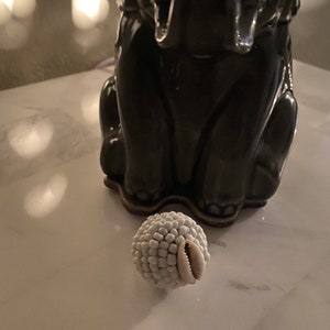 May include: A white shell bead with a small brown shell attached to it. The bead is round and has a textured surface.