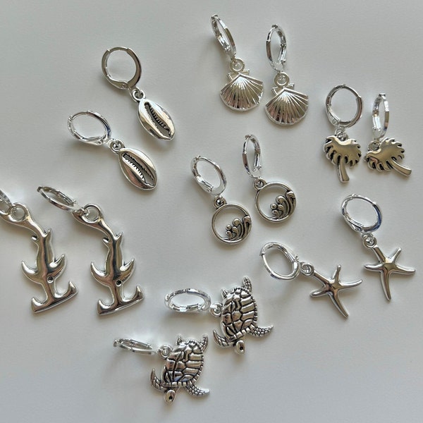 Silver Beachy earrings | shark earrings | turtle earrings | Shell earrings| starfish earrings | Palm tree earrings | wave earrings | beachy