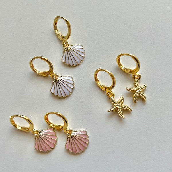 Gold Beachy Earrings | Gold starfish earrings | gold shell earrings | pink shell earrings | white shell earrings | gold hoops