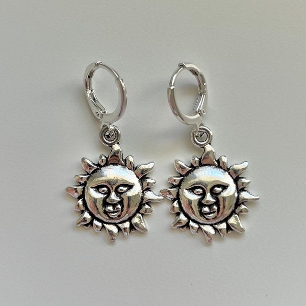 Silver Sun Earrings | Sun Face Earrings | Sun Hoops | Hippie Earrings | Sun Charm Earrings | Sun Jewelry | Summer earrings | gift for her