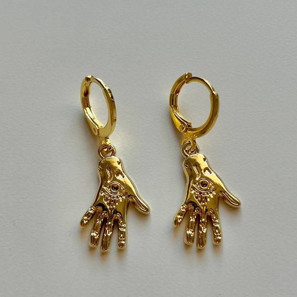 Gold zodiac hand charm earrings | gold hand earrings | zodiac earrings | hamsa hand earrings | spiritual earrings | celestial earrings