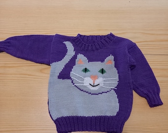 Selbstgestrickter Kinderpullover mit Katzenmotiv Größe 74 / 80