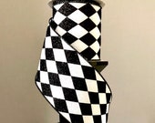 Wire Edge Ribbon, 4 , Black and White Harlequin Glitter Ribbon , Halloween , Christmas Wreath, Cake Decorating, FAST UK Ireland DELIVERY