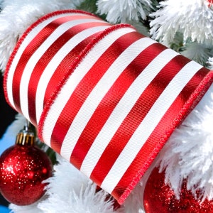 Wired Edge Ribbon 2.5”, Red & White Metallic Broad Stripe,Christmas Wreath,Wired Christmas Tree Ribbon ,Christmas Green Monster,USA Import