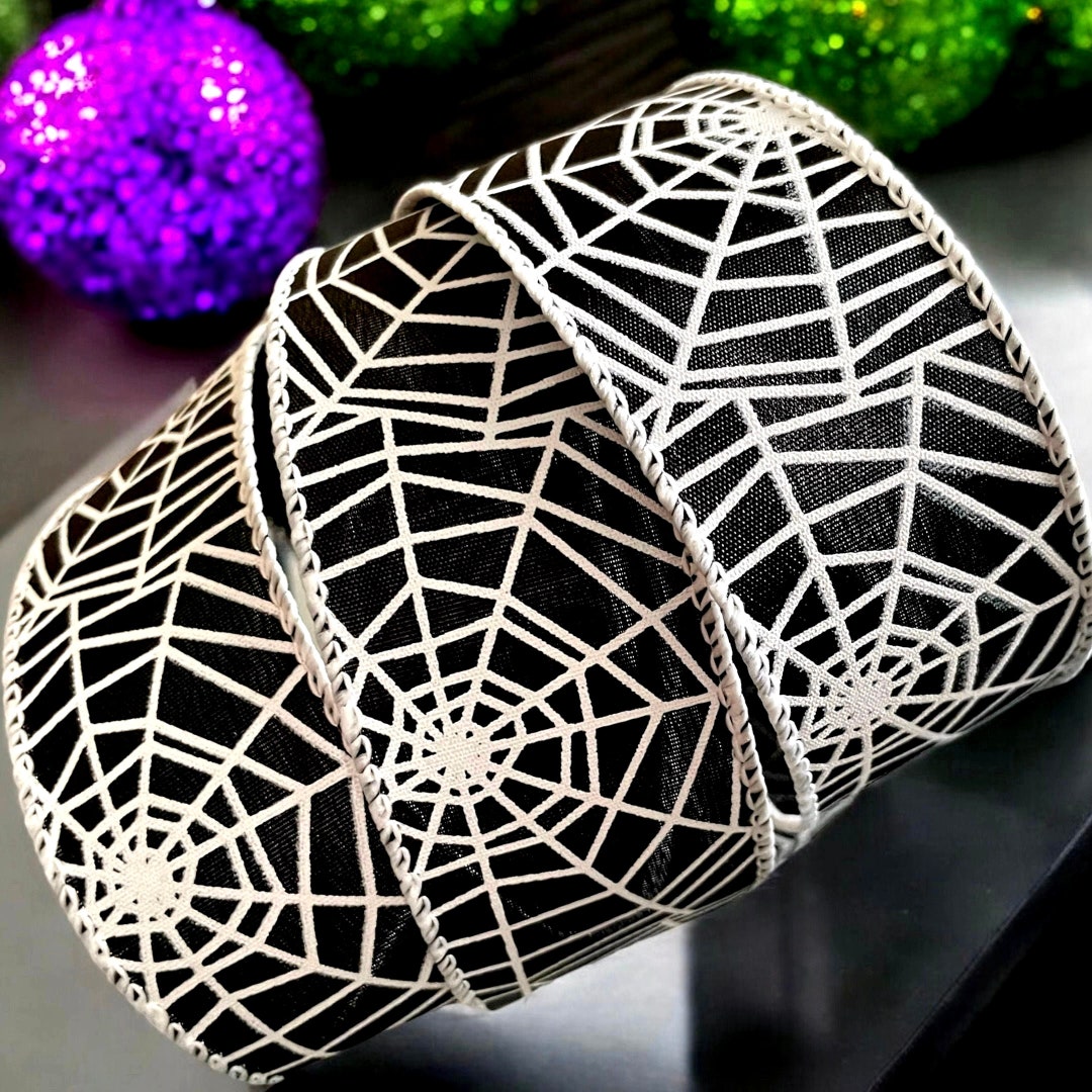 Spider Ribbon Wire Edged Spiders Web Halloween Ribbon 1.5” , Black Ribbon With ...