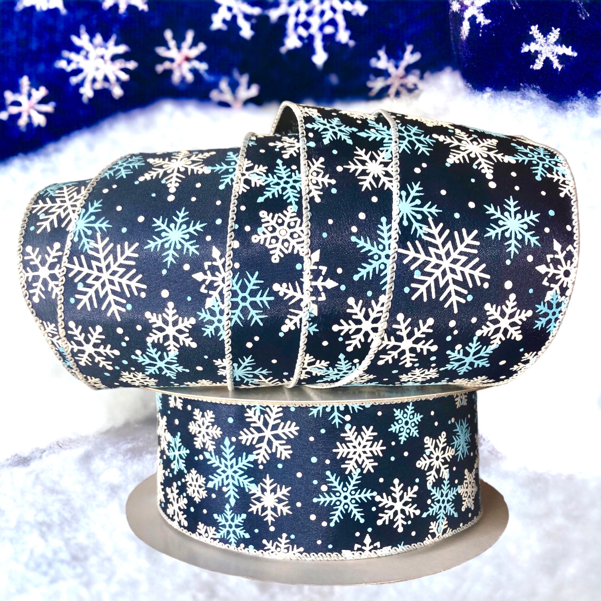 Wire Edged Christmas Ribbon 2.5'' ,ice Blue & White Falling Snowflakes ...