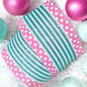 Wire Edge Ribbon 2.5”, Pink and White Polka Dot Edge With Ice Blue Glitter Stripes,Pastel Christmas Ribbon , Christmas Wreath,USA Import
