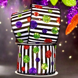 Wire Edged Halloween Glitter Ribbon ,2.5” ,Halloween Wreath , Striking Purple Orange Lime Halloween Spot On Black & White Stripe ,USA Import
