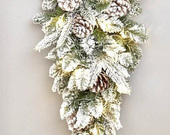 Tear Drop Swag 60 CM Drop, 25.4 CM Wide , Ready To Decorate Pre Lit Battery Operated TearDrop Snow Flocked Swag With Pine Cones Fast