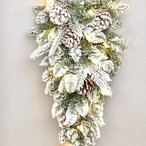 Tear Drop Swag 60 CM Drop, 25.4 CM Wide , Ready To Decorate Pre Lit Battery Operated TearDrop Snow Flocked Swag With Pine Cones Fast