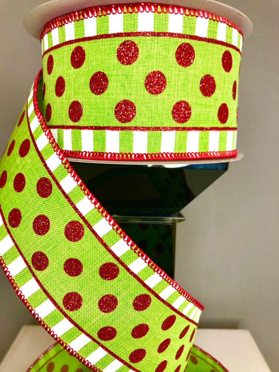 Wire Edged Ribbon 2.5” W , Lime Green With Red Glitter Dots and White ...