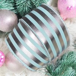 Wired Edge Ribbon,2.5”, Mint & Silver Metallic Stripe,Pastel Christmas Wreath ,Wired Christmas Tree Ribbon ,Christmas Centrepiece,USA Import