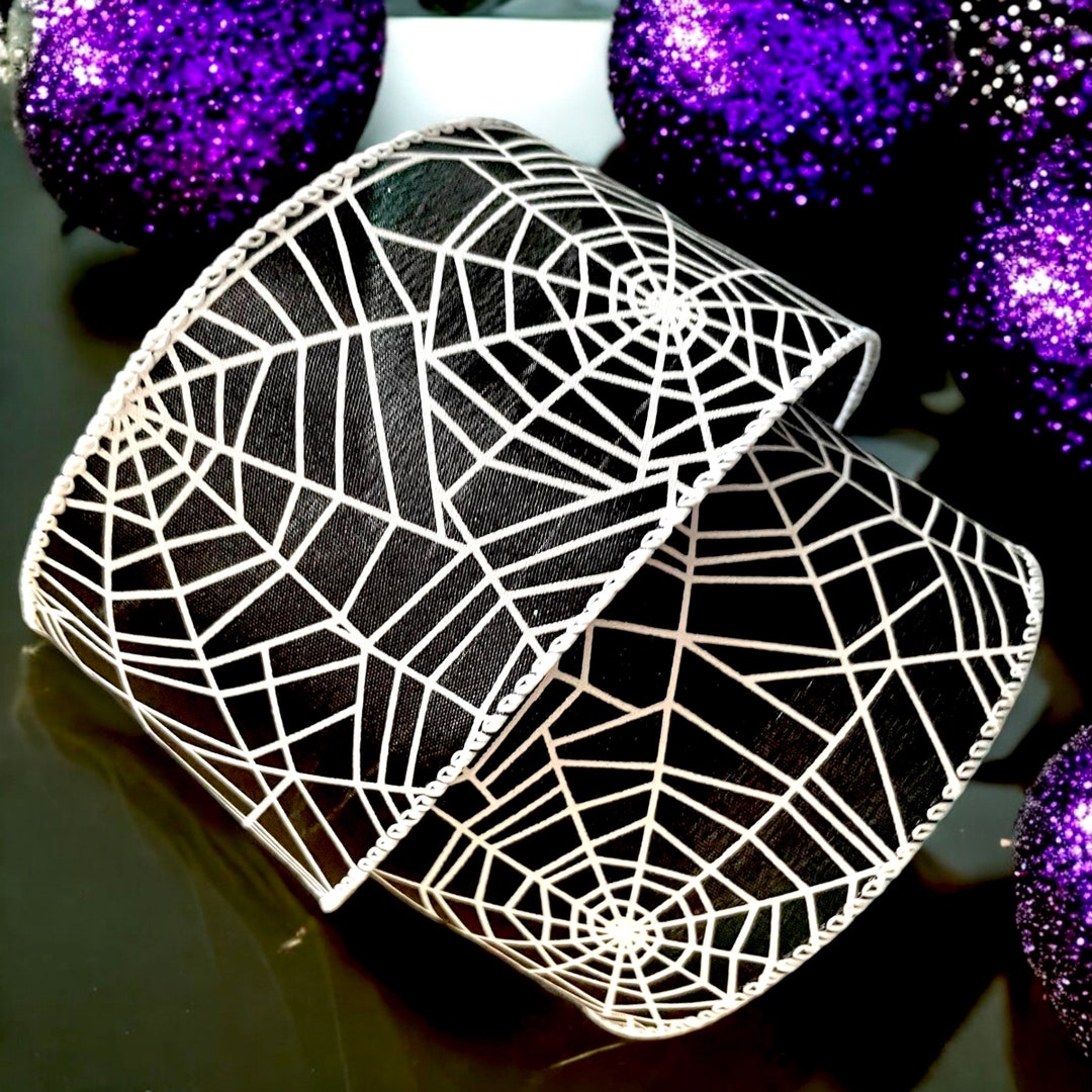 Spider Ribbon Wire Edged Spiders Web Halloween Ribbon 2.5” , Black Ribbon With White ...