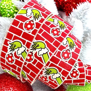 Wire Edged Christmas Monster Hand Ribbon,2.5'', Red Lime White , Christmas Wreath ,Christmas Monster Theme ,Green Monster Ribbon, USA Import