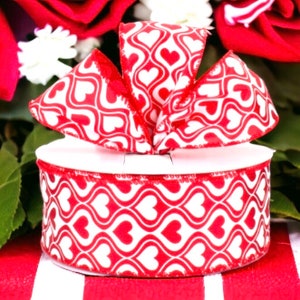 Wire Edge Valentine Ribbon ,2.5&#39;&#39;,Satin Red & White Hearts, Valentine Wreath, Valentines Gift Wrap ,Valentines Decorations , Hearts Ribbon,