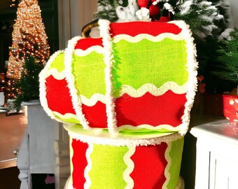 Wire Edged Christmas Ribbon 2.5” , Red White and Lime Wavy Stripes With Snow Drift Edge , Perfect For Christmas Monster Projects ,USA Import