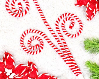 May include: Red and white candy cane swirls on a white fluffy background. The candy canes are arranged in a decorative pattern.
