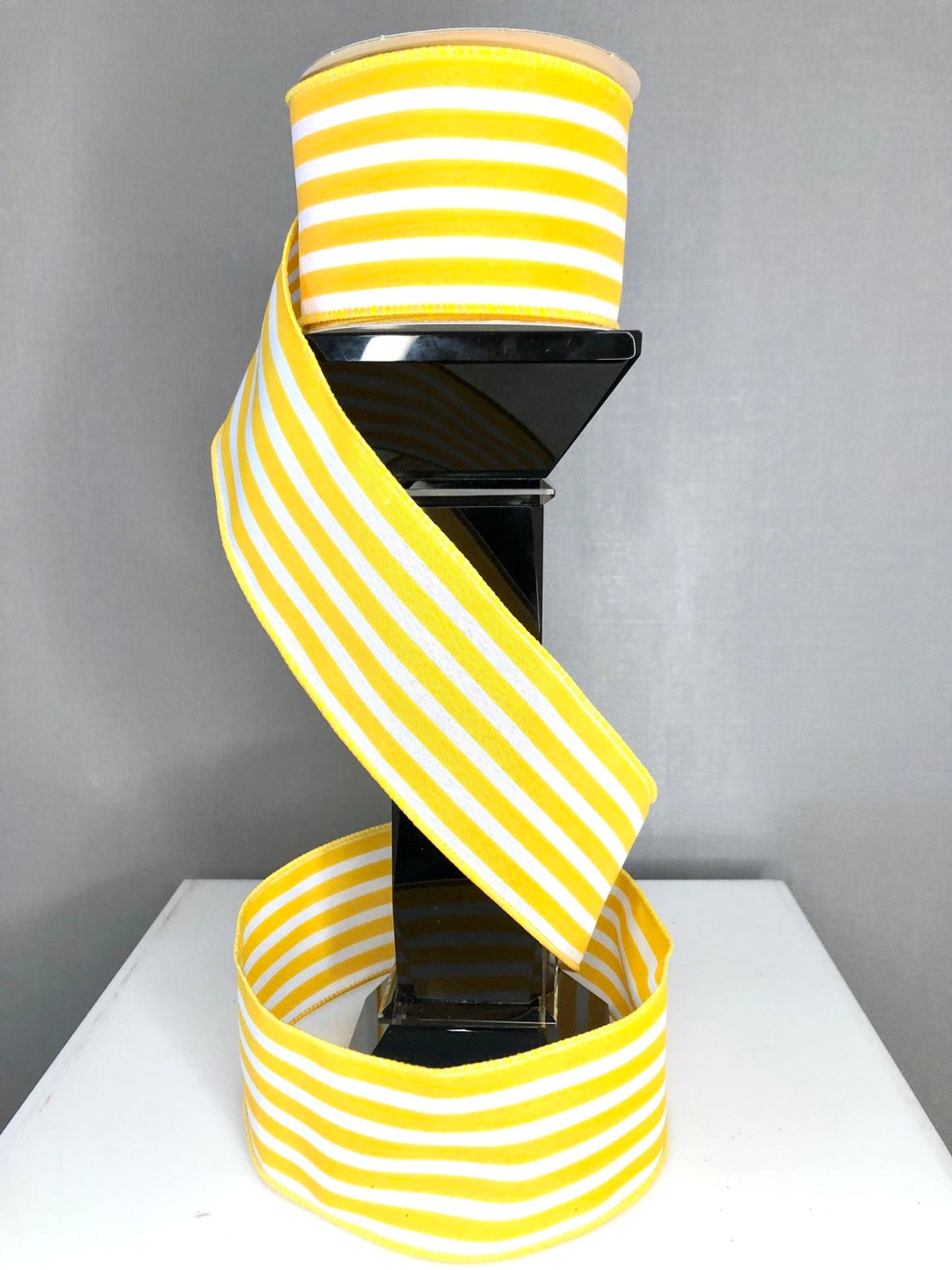 Broad Ribbons 9 Meter Roll , Wire Edged Ribbon Yellow and White Broad Stripe ,2.5 ...