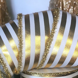 Wired Edge Ribbon,2.5”, White And Metallic Gold Stripe With Gold Fuzzy Metallic Edge,Christmas Wreath,Christmas Tree Wired Ribbon,USA Import