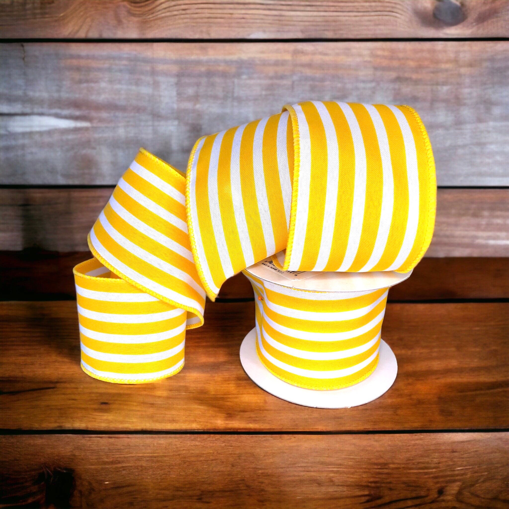 Broad Ribbons 9 Meter Roll , Wire Edged Ribbon Yellow and White Broad Stripe ,2.5 ...