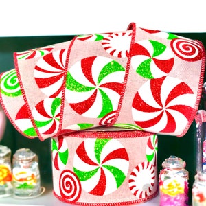 Wire Edged Ribbon, 2.5”, Pink Ribbon With Stunning Lime Red And White Glittering Peppermint Design, Christmas Wreaths , Tree Toppers , Swags