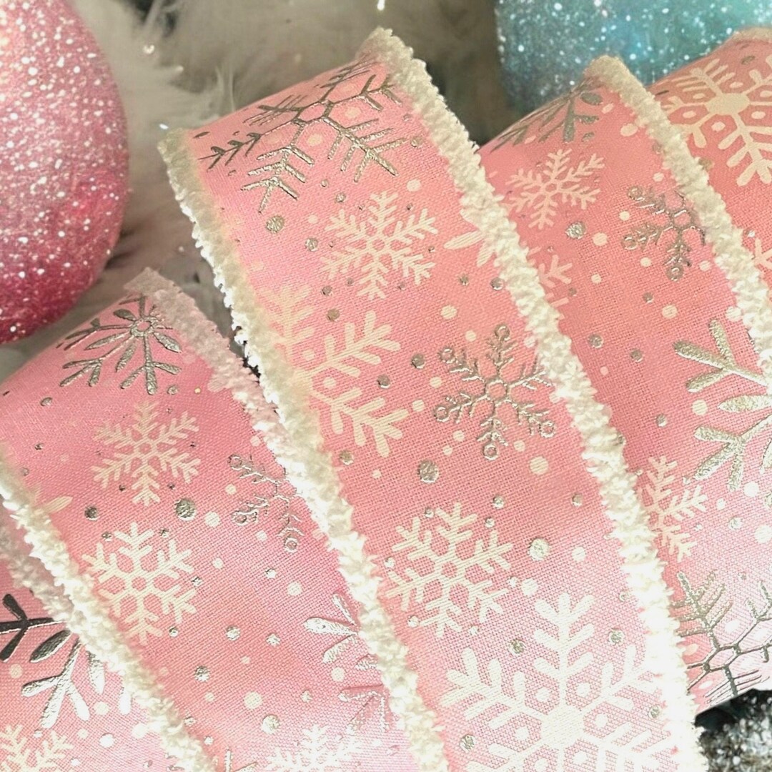 Wire Edged Snowflake Christmas Ribbon,2.5”, Pink White & Metallic ...