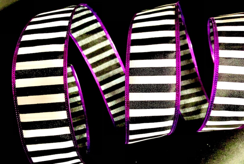 May include: Black and white striped ribbon with a purple edge. The ribbon is 2.5 inches wide and is perfect for crafting, decorating, and gift wrapping.