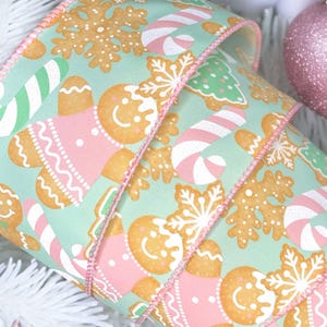 Wire Edge Christmas Ribbon,2.5”Pink Pastel Ginger Bread With Frosted Glitter Snow Detail On Mint ,Gingerbread Christmas Tree, USA Import