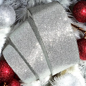 Wire Edged Christmas Ribbon 2.5” , Silver Glitter Dots , Wired Christmas Tree Ribbon , Christmas Wreaths , Red Christmas Ribbon , USA Import